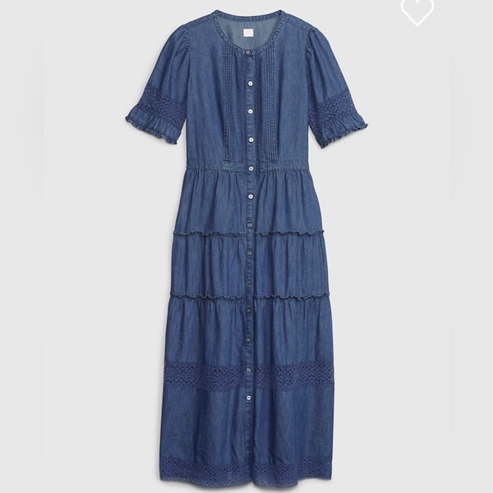 gap x loveshackfancy denim tiered midi dress with washwell